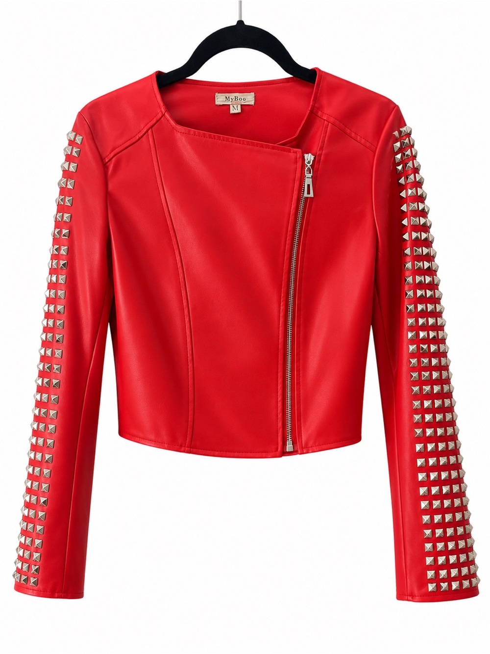 Red Studded Faux Leather Moto Jacket